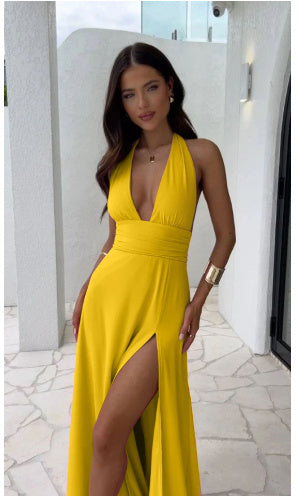 Halterneck V-neck Slit Dress Summer Backless Strappy Skirt