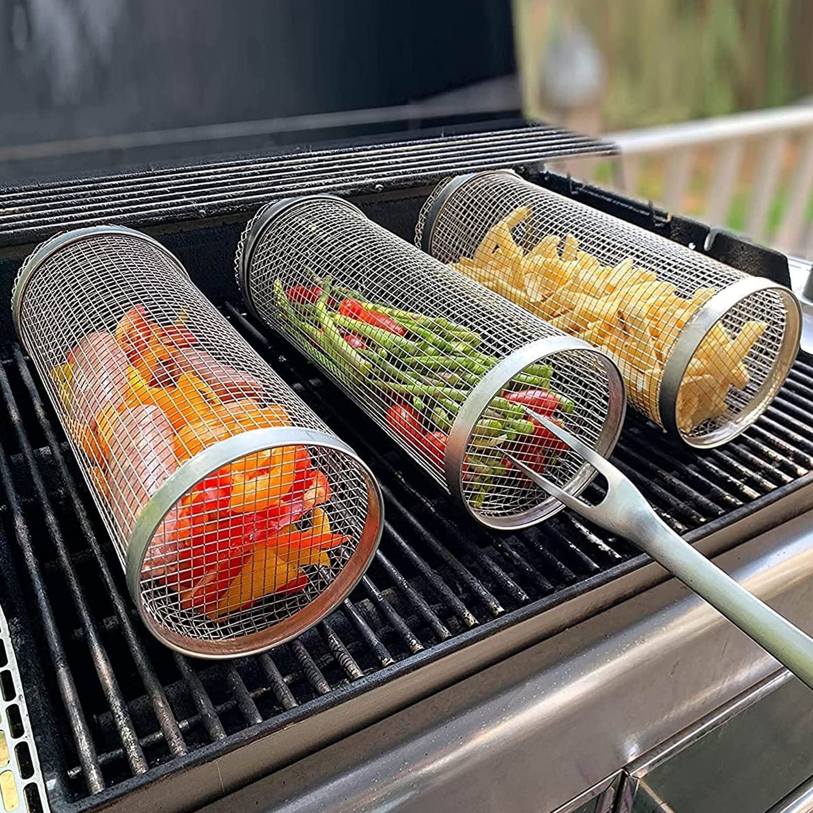 Rolling Grilling Basket Metal BBQ Barbecue Basket