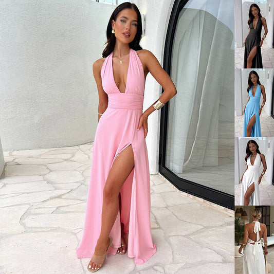 Halterneck V-neck Slit Dress Summer Backless Strappy Skirt