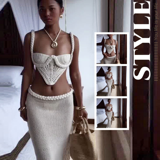 Y2K Crochet Knit 2 Piece Skirt Set Women's Outfit